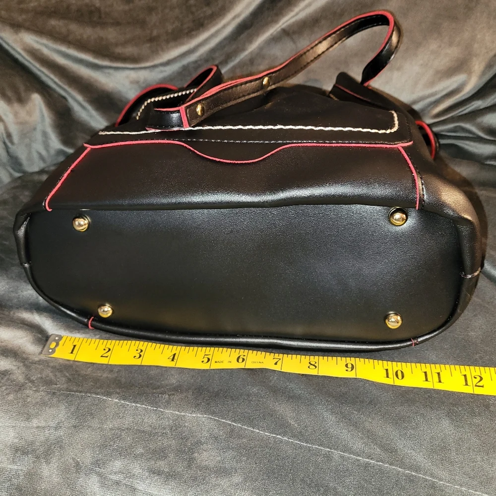 Mellow World Black Bucket Purse Red Fabric Lining Snap Closure Dooney Lookalike